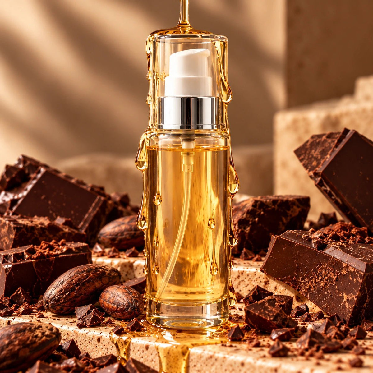Flacon d’huile de massage au chocolat entouré de carrés de chocolat et de fèves de cacao Image