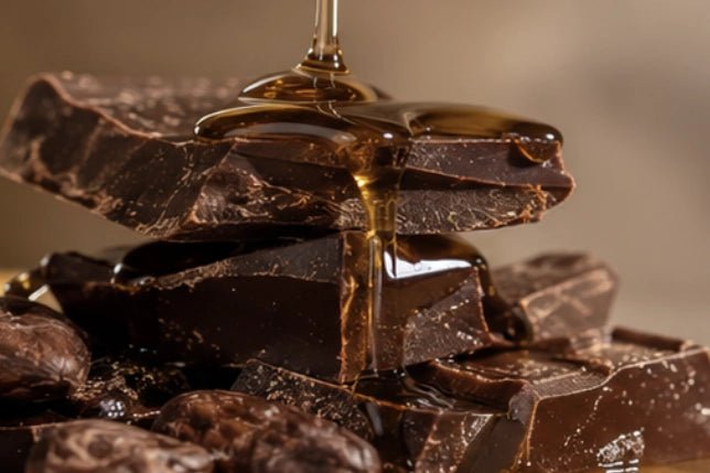 Carrés de chocolat noir sur lesquels coule un filet d’huile Image