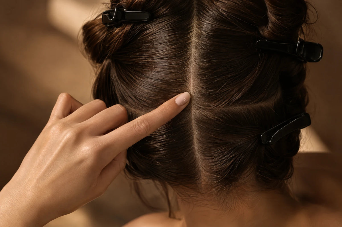 Cheveux séparés en sections avec des pinces, application du soin raie par raie Image