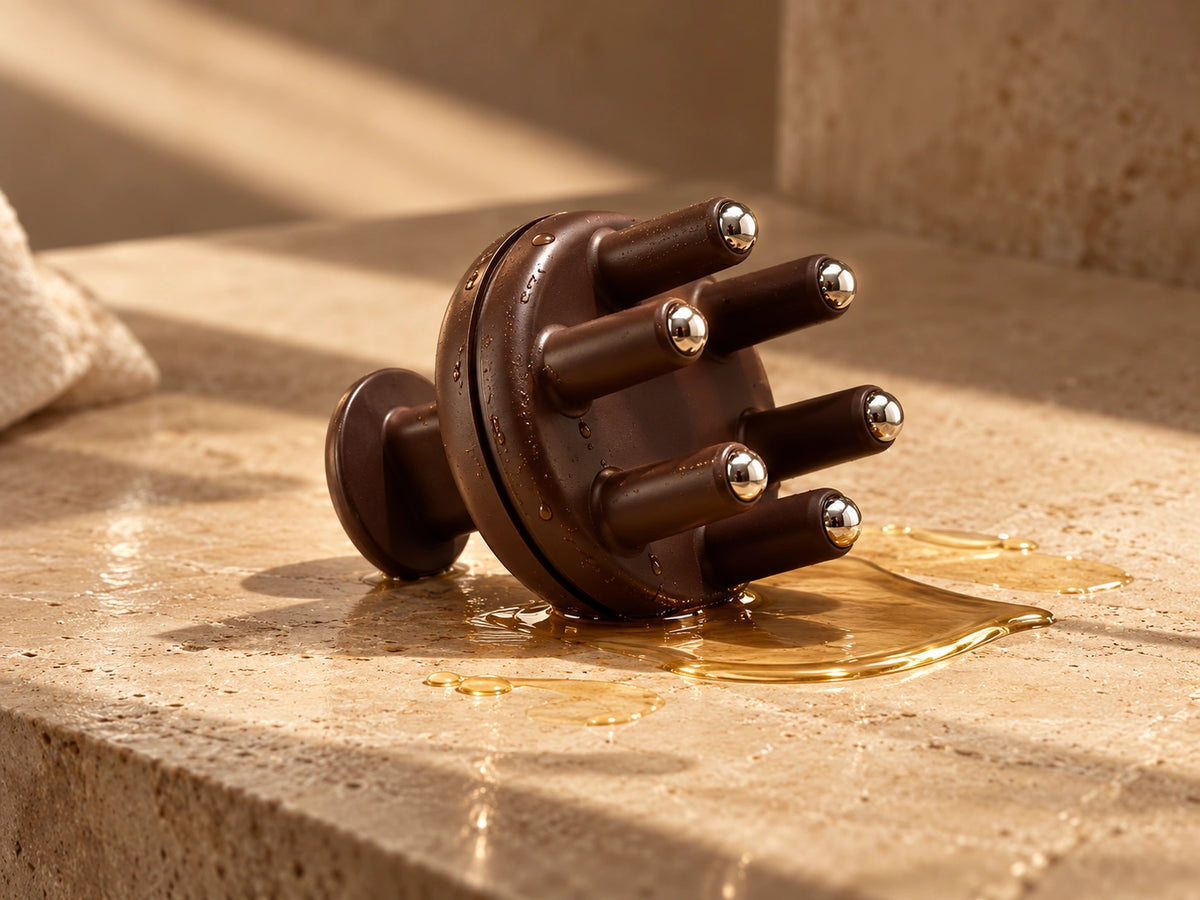 Le Rolly marron et son huile dorée posés sur une pierre claire, billes métalliques au premier plan Image